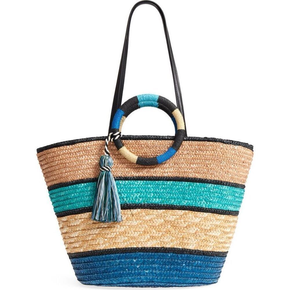 Rebecca Minkoff Woven Straw Tote Shoulder Bag Tan‎ Blue Teal